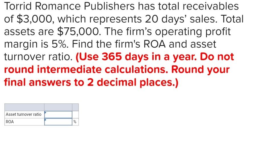 Torrid Romance Publishers Has Total Receivables Of 3 000 Which Represents 20 Days Sales Total Assets Are 75 000 Th 1