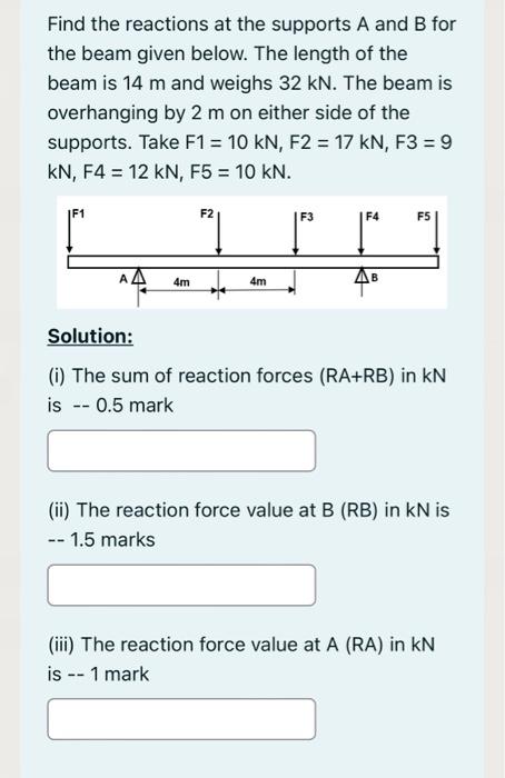 Find The Reactions At The Supports A And B For The Beam Given Below The Length Of The Beam Is 14 M And Weighs 32 Kn Th 1