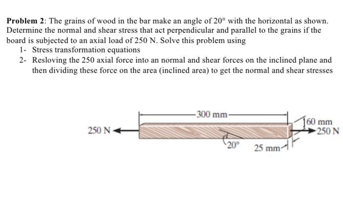 Problem 2 The Grains Of Wood In The Bar Make An Angle Of 20 With The Horizontal As Shown Determine The Normal And She 1