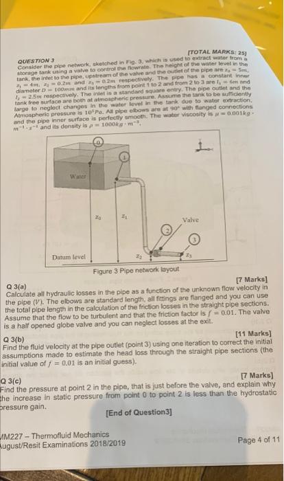 Total Marks 25 Question 3 Consider The Pipe Network Sketched In Fig 3 Which Is Used To Extract Water From A Storag 1