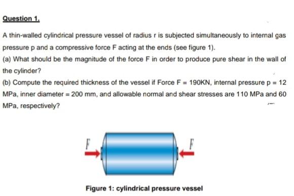 Question 1 A Thin Walled Cylindrical Pressure Vessel Of Radius R Is Subjected Simultaneously To Internal Gas Pressure P 1