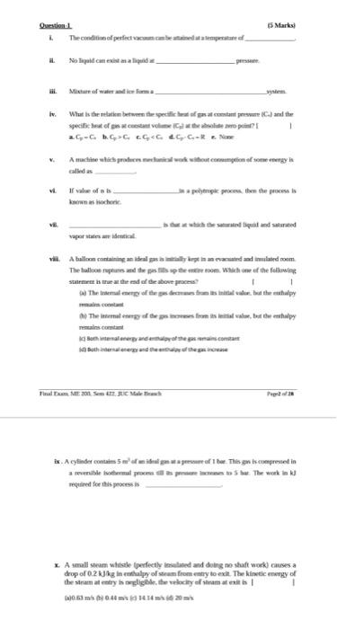 Question 1 L 5 Marks The Condition Of Perfect Vacuum Can Be Attained At A Temperature Of No Id Can Exista Aliquid Pres 2