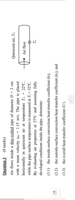 Question 3 8 Marks Air Flows Inside A Thin Walled Pipe Of Diameter D 2 Cm With A Mean Velocity Um 1 15 M S The Pi 1
