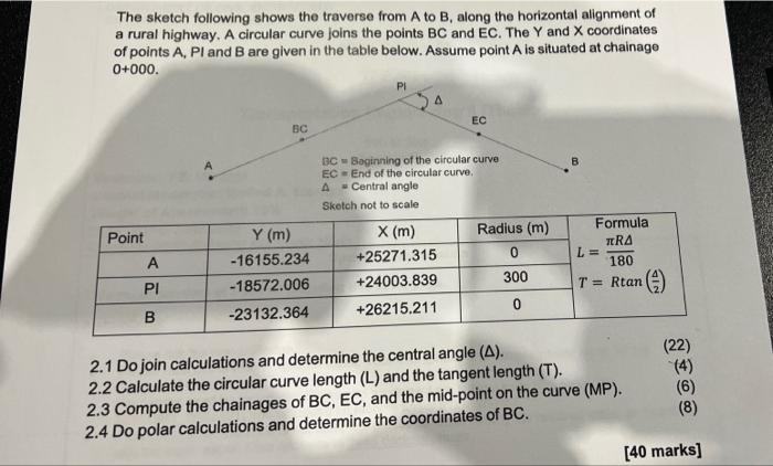 The Sketch Following Shows The Traverse From A To B Along The Horizontal Alignment Of A Rural Highway A Circular Curve 1
