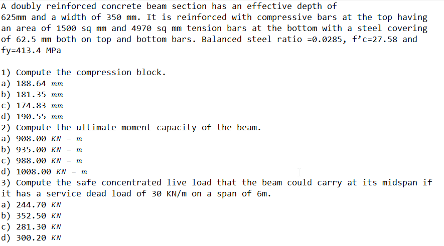 A Doubly Reinforced Concrete Beam Section Has An Effective Depth Of 625mm And A Width Of 350 Mm It Is Reinforced With C 1