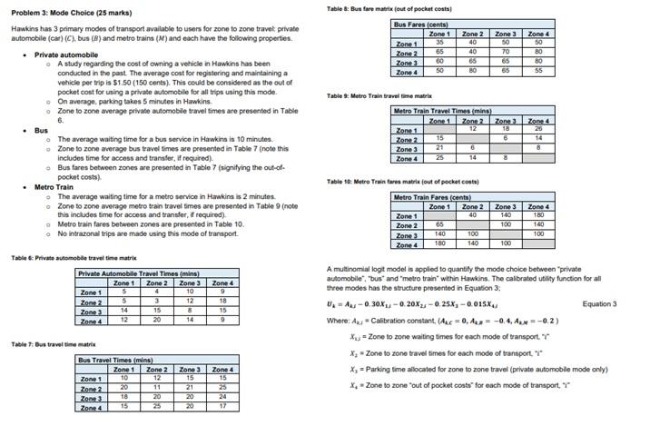 A Using A Spreadsheet Application And The Information Above Determine The Probability Of Choosing Private Automobile 2