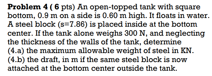 An Open Topped Tank With Square Bottom 0 9 M On A Side Is 0 60 M High It Floats In Water A Steel Block S 7 86 Is Pl 1