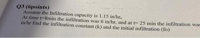 Q3 6points Assume The Infiltration Capacity Is 1 15 In Hr At Time T 8min The Infiltration Was 6 In Hr And At T 25 M 1