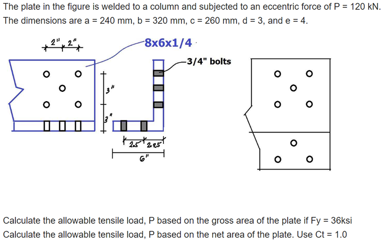 The Plate In The Figure Is Welded To A Column And Subjected To An Eccentric Force Of P 120 Kn The Dimensions Are A 1