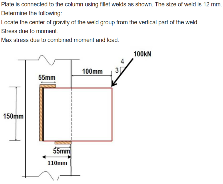 Plate Is Connected To The Column Using Fillet Welds As Shown The Size Of Weld Is 12 Mm Determine The Following Locate 1
