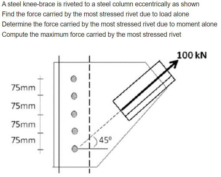 A Steel Knee Brace Is Riveted To A Steel Column Eccentrically As Shown Find The Force Carried By The Most Stressed Rivet 1