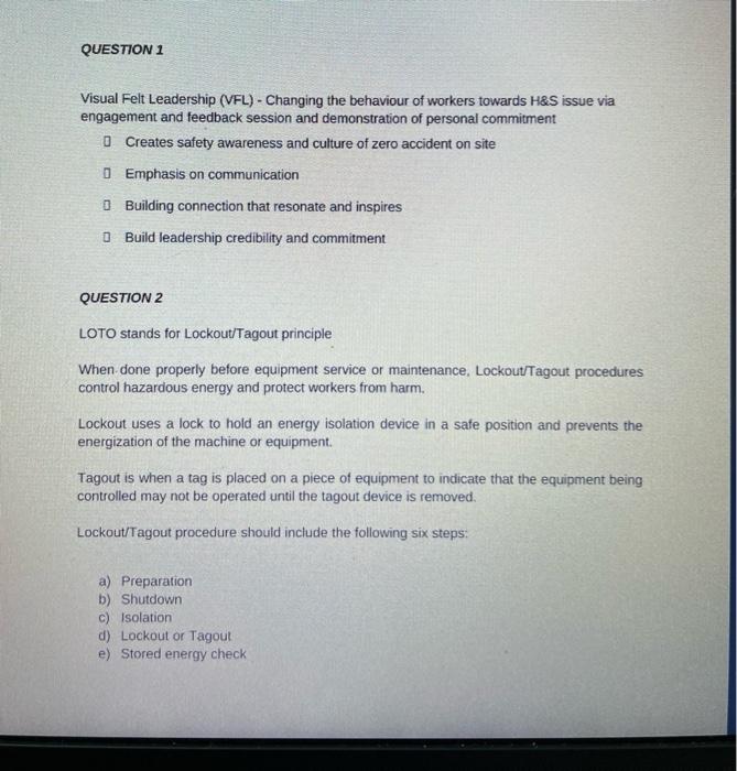 Question 1 Visual Felt Leadership Vfl Changing The Behaviour Of Workers Towards H S Issue Via Engagement And Feedbac 1