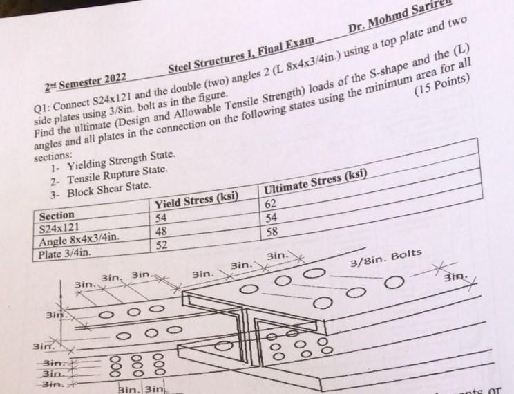 Dr Mohmd Sari 2nd Semester 2022 Steel Structures I Final Exam Q1 Connect S24x121 And The Double Two Angles 2 L 8x4 1