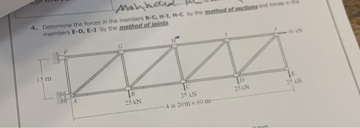 Mahhou 4 Determine The Forces In The Members B C H 1 H C By The Method Of Sections And Forces In The Members E D E J 1