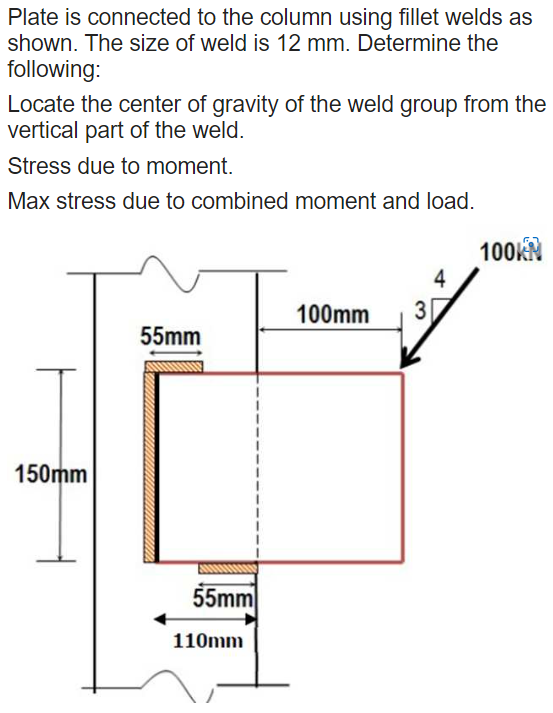 Plate Is Connected To The Column Using Fillet Welds As Shown The Size Of Weld Is 12 Mm Determine The Following Locate 1