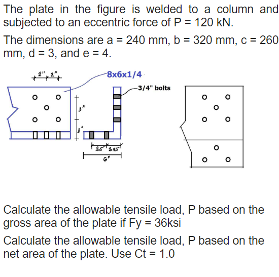 The Plate In The Figure Is Welded To A Column And Subjected To An Eccentric Force Of P 120 Kn The Dimensions Are A 1