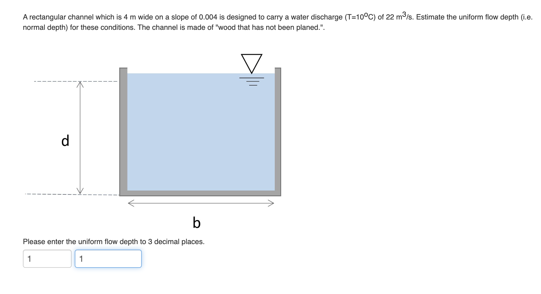 A Rectangular Channel Which Is 4 M Wide On A Slope Of 0 004 Is Designed To Carry A Water Discharge T 10 C Of 22 M S 1