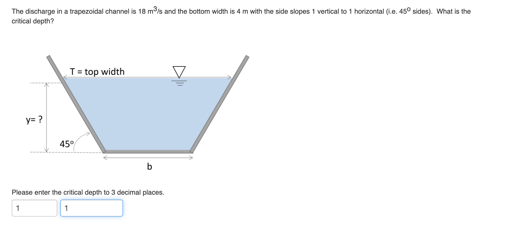The Discharge In A Trapezoidal Channel Is 18 M S And The Bottom Width Is 4 M With The Side Slopes 1 Vertical To 1 Horiz 1