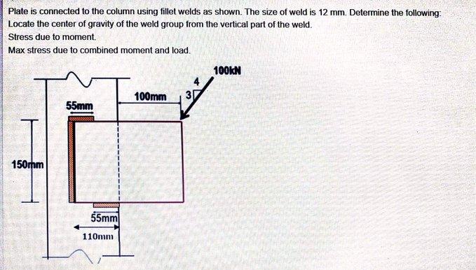Plate Is Connected To The Column Using Fillet Welds As Shown The Size Of Weld Is 12 Mm Determine The Following Locate 1
