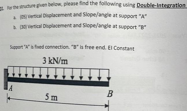 1 For The Structure Given Below Please Find The Following Using Double Integration A 05 Vertical Displacement And Sl 1