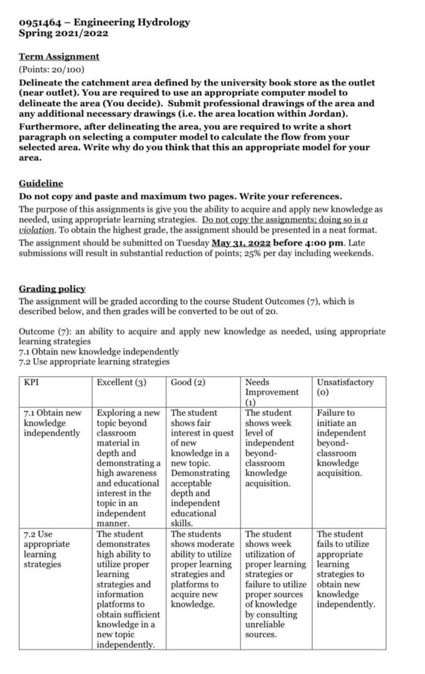 0951464 Engineering Hydrology Spring 2021 2022 Term Assignment Points 20 100 Delineate The Catchment Area Defined B 1