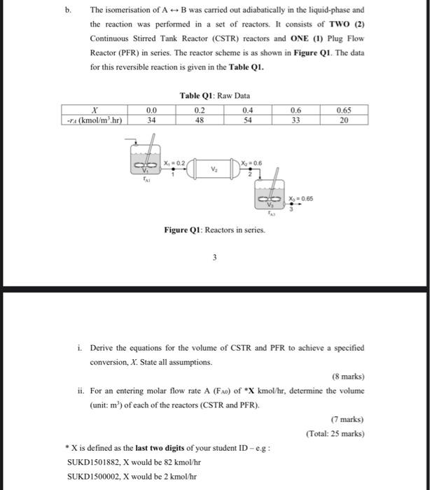 B The Isomerisation Of A B Was Carried Out Adiabatically In The Liquid Phase And The Reaction Was Performed In A Set Of 1