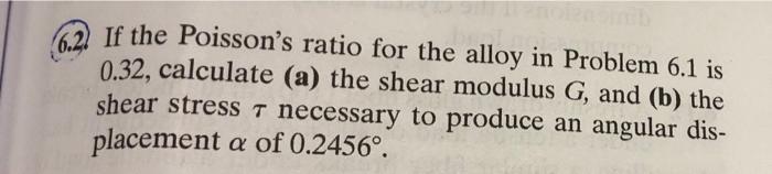 Ofensib 62 If The Poisson S Ratio For The Alloy In Problem 6 1 Is 0 32 Calculate A The Shear Modulus G And B The S 1