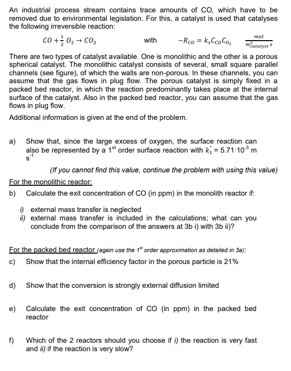 An Industrial Process Stream Contains Trace Amounts Of Co Which Have To Be Removed Due To Environmental Legislation Fo 1