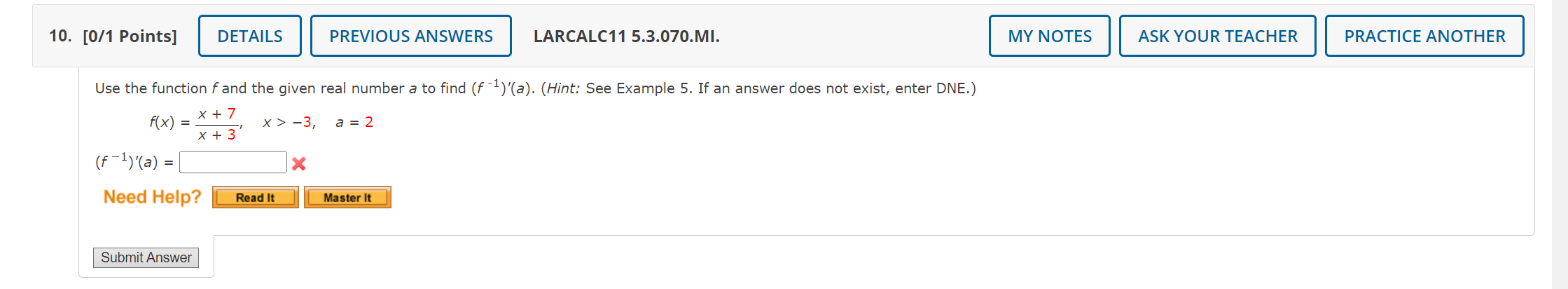 10 0 1 Points Details Previous Answers Larcalc11 5 3 070 Mi Use The Function F And The Given Real Number A To Find 1