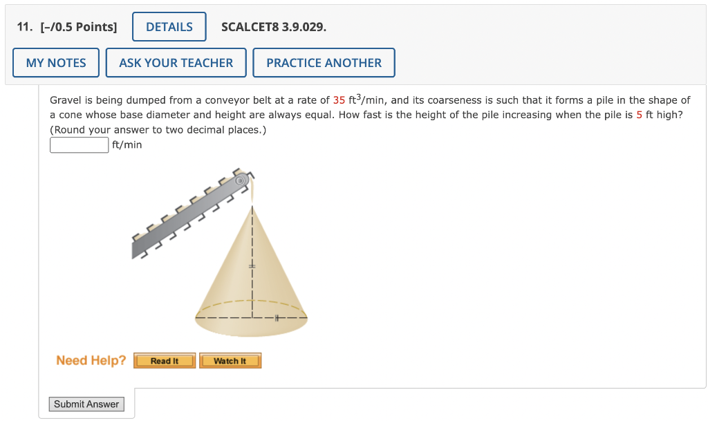 11 0 5 Points My Notes Ask Your Teacher Practice Another Gravel Is Being Dumped From A Conveyor Belt At A Rate Of 3 1