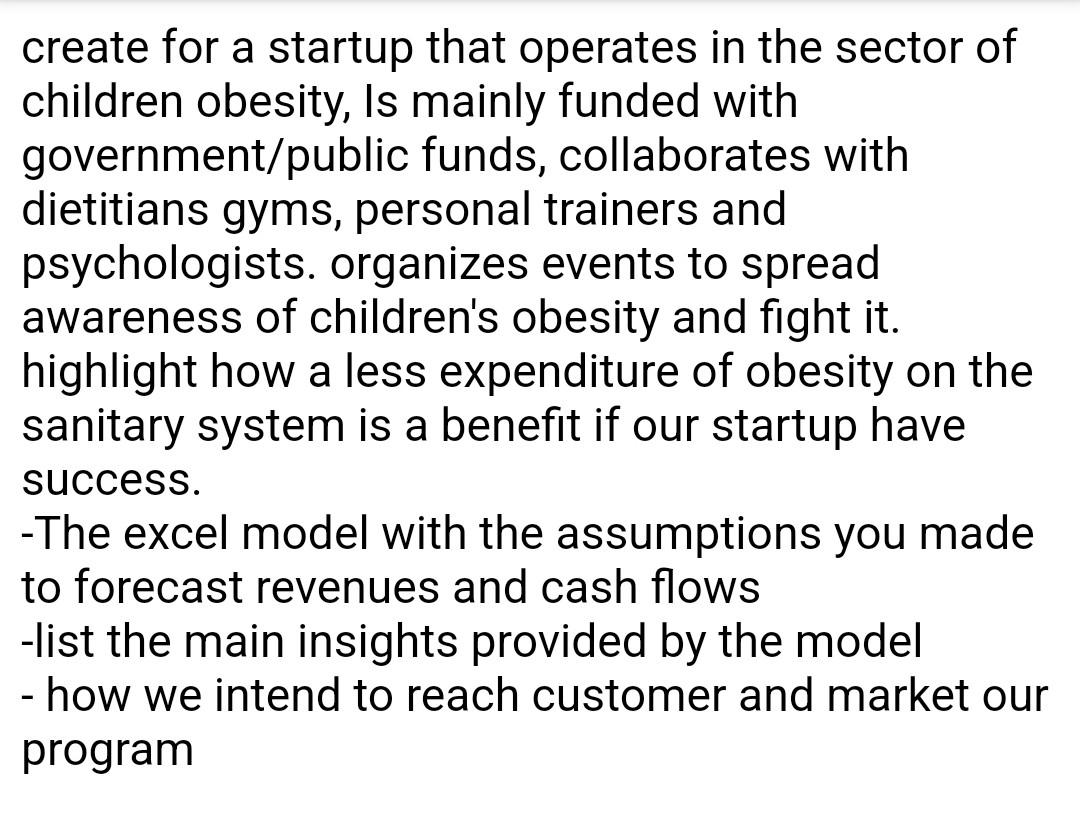 Create For A Startup That Operates In The Sector Of Children Obesity Is Mainly Funded With Government Public Funds Col 1
