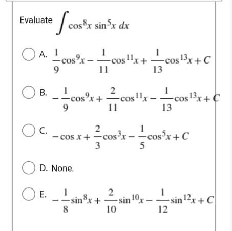Jacoste Cos8x Sin X Dx Cos X Cos X Cos X C 9 11 13 2 1 Cos X Cos X Cos X C 9 11 13 1 2 Co 1