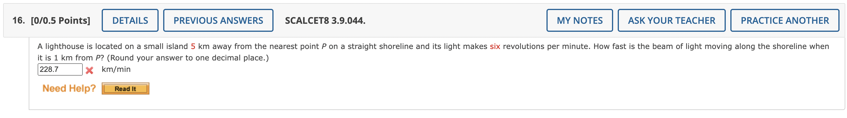 16 0 0 5 Points Details Previous Answers Scalcet8 3 9 044 My Notes Ask Your Teacher Practice Another A Lighthouse Is 1