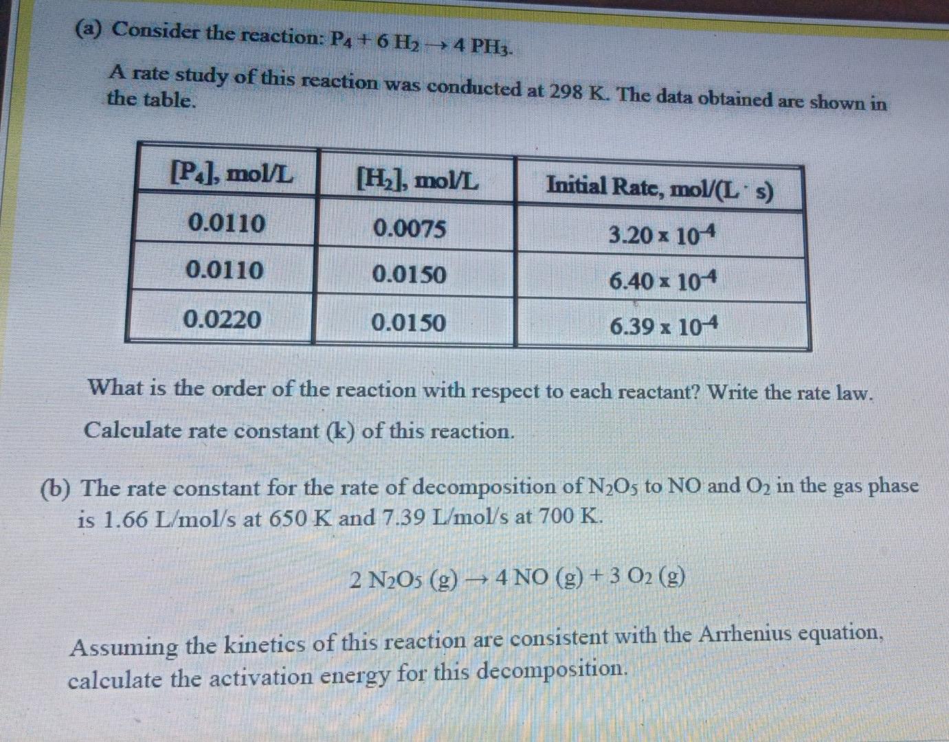 A Consider The Reaction P4 6h24 Ph3 A Rate Study Of This Reaction Was Conducted At 298 K The Data Obtained Are Sho 1