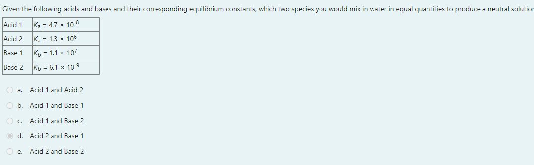 Given The Following Acids And Bases And Their Corresponding Equilibrium Constants Which Two Species You Would Mix In Wa 1