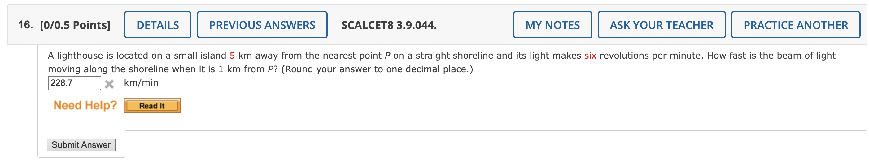16 0 0 5 Points Details Previous Answers Scalcet8 3 9 044 My Notes Ask Your Teacher Practice Another A Lighthouse Is 1