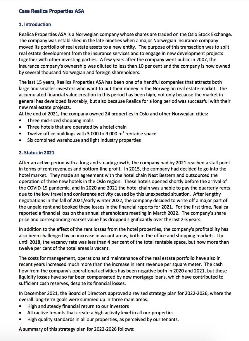 Case Realica Properties Asa 1 Introduction Realica Properties Asa Is A Norwegian Company Whose Shares Are Traded On The 1