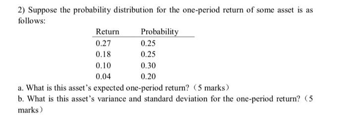 2 Suppose The Probability Distribution For The One Period Return Of Some Asset Is As Follows Return Probability 0 27 0 1