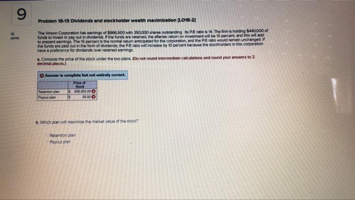 9 Ports Problem 18 15 Dividends And Stockholder Wealth Maximization Lo18 2 The Vinson Corporation Has Eamings Of 966 1
