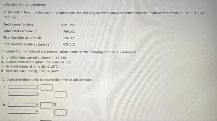 Adjusting Entries And Errors At The End Of June The First Month Of Operations The Following Selected Data Were Taken F 1