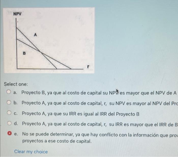 Npv B Select One O B A Proyecto B Ya Que Al Costo De Capital Su Np Es Mayor Que El Npv De A Proyecto A Ya Que Al Co 1