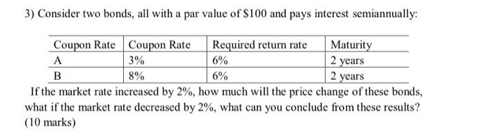 3 Consider Two Bonds All With A Par Value Of 100 And Pays Interest Semiannually Coupon Rate Coupon Rate Required Ret 1