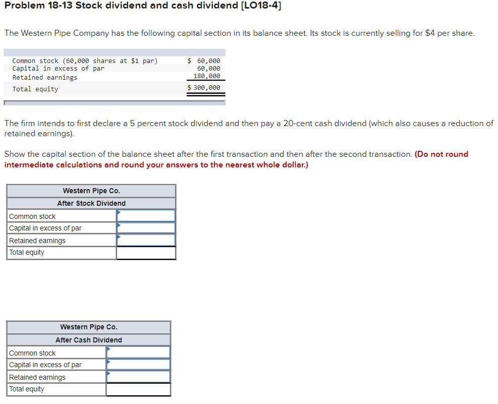 Problem 18 13 Stock Dividend And Cash Dividend Lo18 4 The Western Pipe Company Has The Following Capital Section In It 1