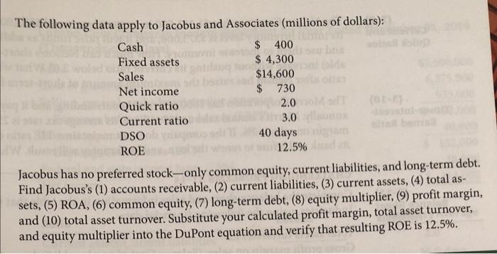 The Following Data Apply To Jacobus And Associates Millions Of Dollars 400 Cash Fixed Assets 4 300 Sales 14 600 1