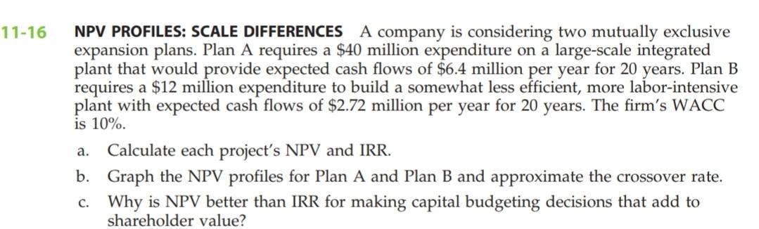 11 16 Npv Profiles Scale Differences A Company Is Considering Two Mutually Exclusive Expansion Plans Plan A Requires A 1