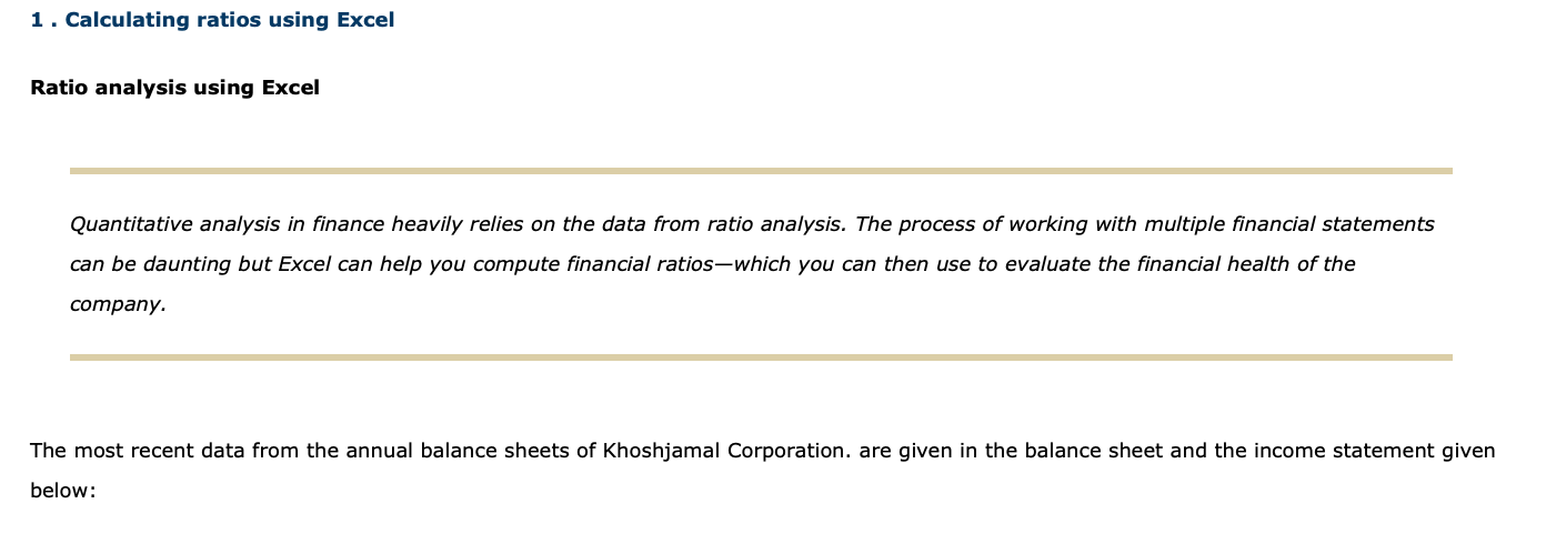 1 Calculating Ratios Using Excel Ratio Analysis Using Excel Quantitative Analysis In Finance Heavily Relies On The Data 1