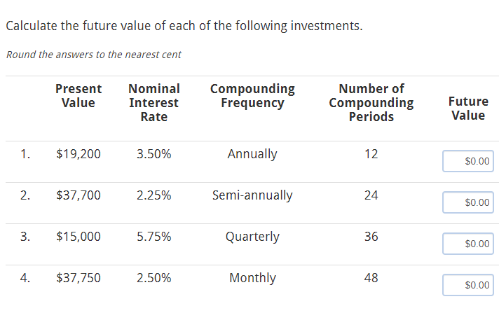 Calculate The Future Value Of Each Of The Following Investments Round The Answers To The Nearest Cent Present Nominal C 1