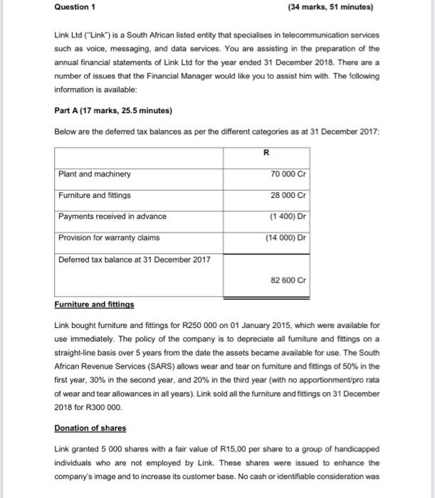 Question 1 34 Marks 51 Minutes Link Ltd Link Is A South African Listed Entity That Specialises In Telecommunicati 1