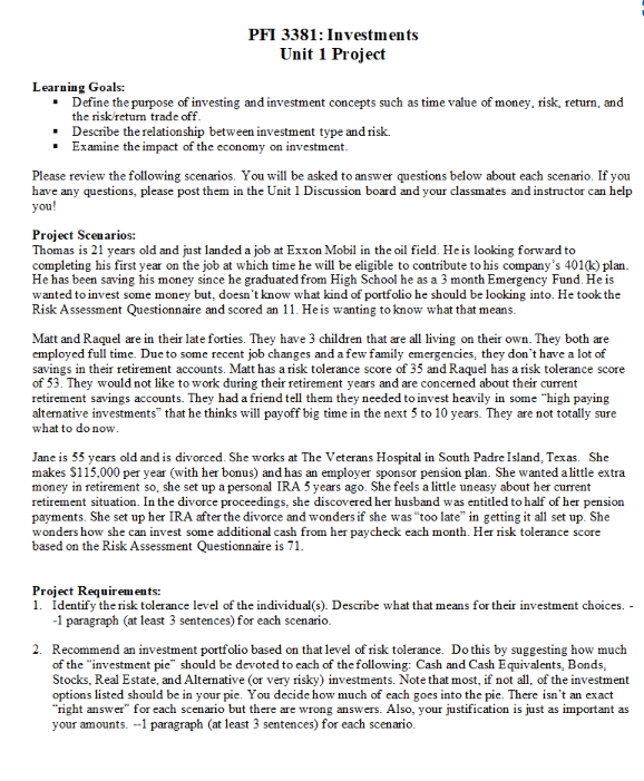 Pfi 3381 Investments Unit 1 Project Learning Goals Define The Purpose Of Investing And Investment Concepts Such As T 1
