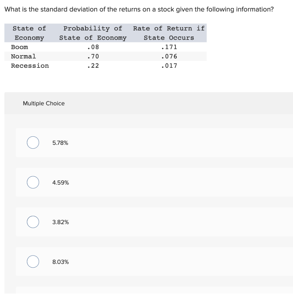 What Is The Standard Deviation Of The Returns On A Stock Given The Following Information State Of Probability Of Rate O 1
